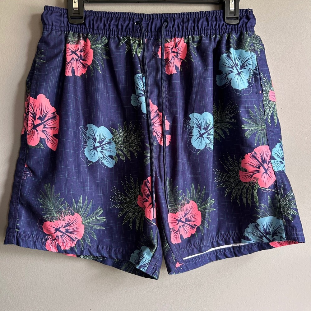 Burnside Mens Tropical Hibiscus Pineapple Swim Trunks Navy Blue‎ Medium
